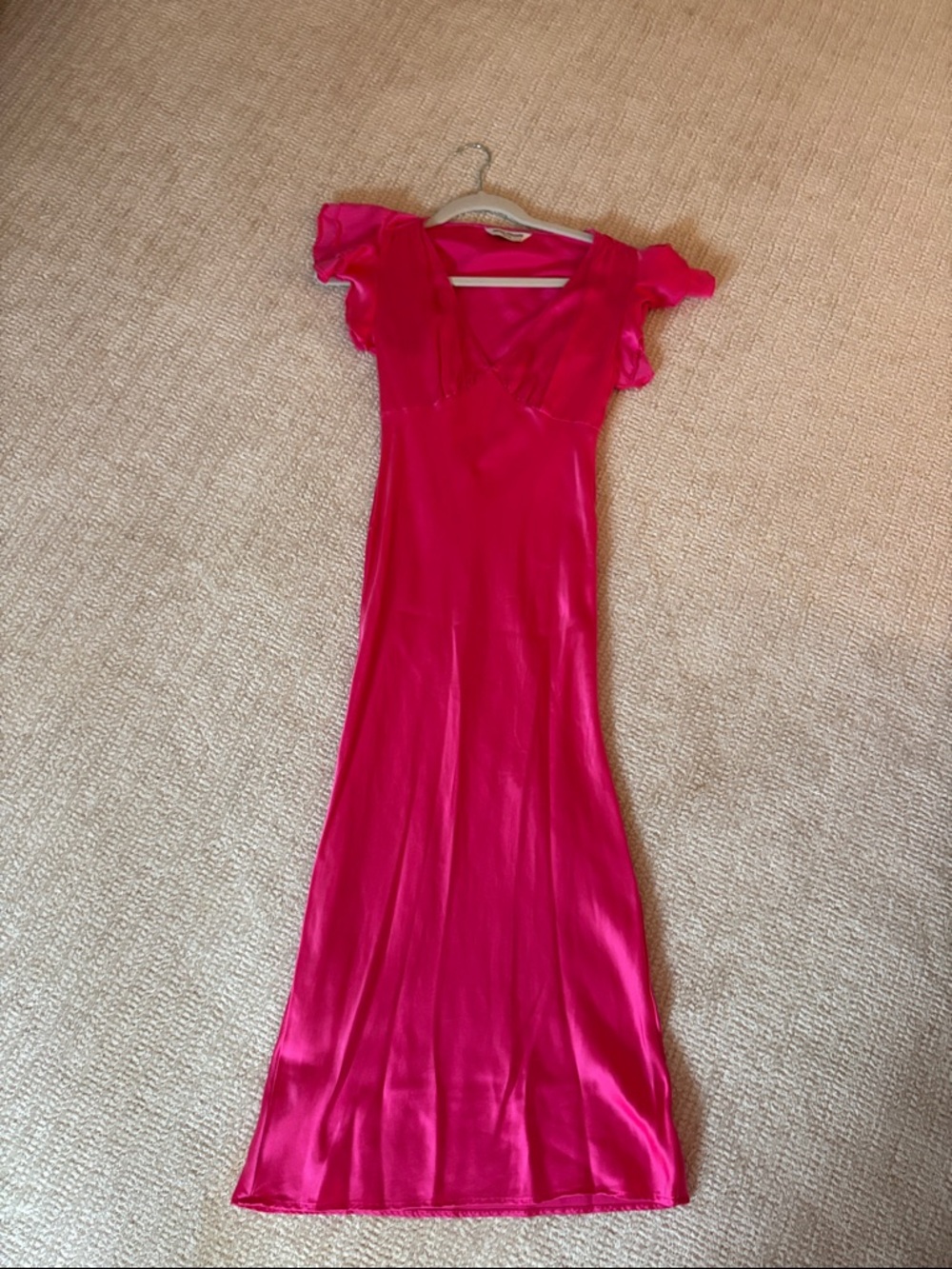 Women's Amanda Uprichard Hot Pink Satin Maxi Dress with Flutter Sleeves